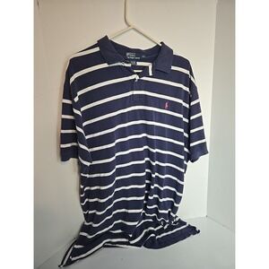 POLO RALPH LAUREN Pique Cotton Polo Shirt sz XXL Blue White Stripe Pink Pony